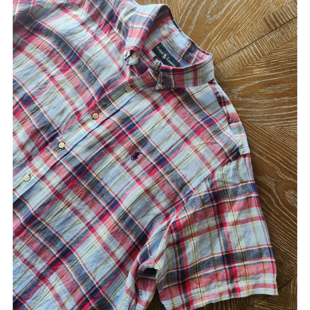 Polo Ralph Lauren Y2K Linen Blue/Red Short Sleeve Button Down Shirt‎ size XXL